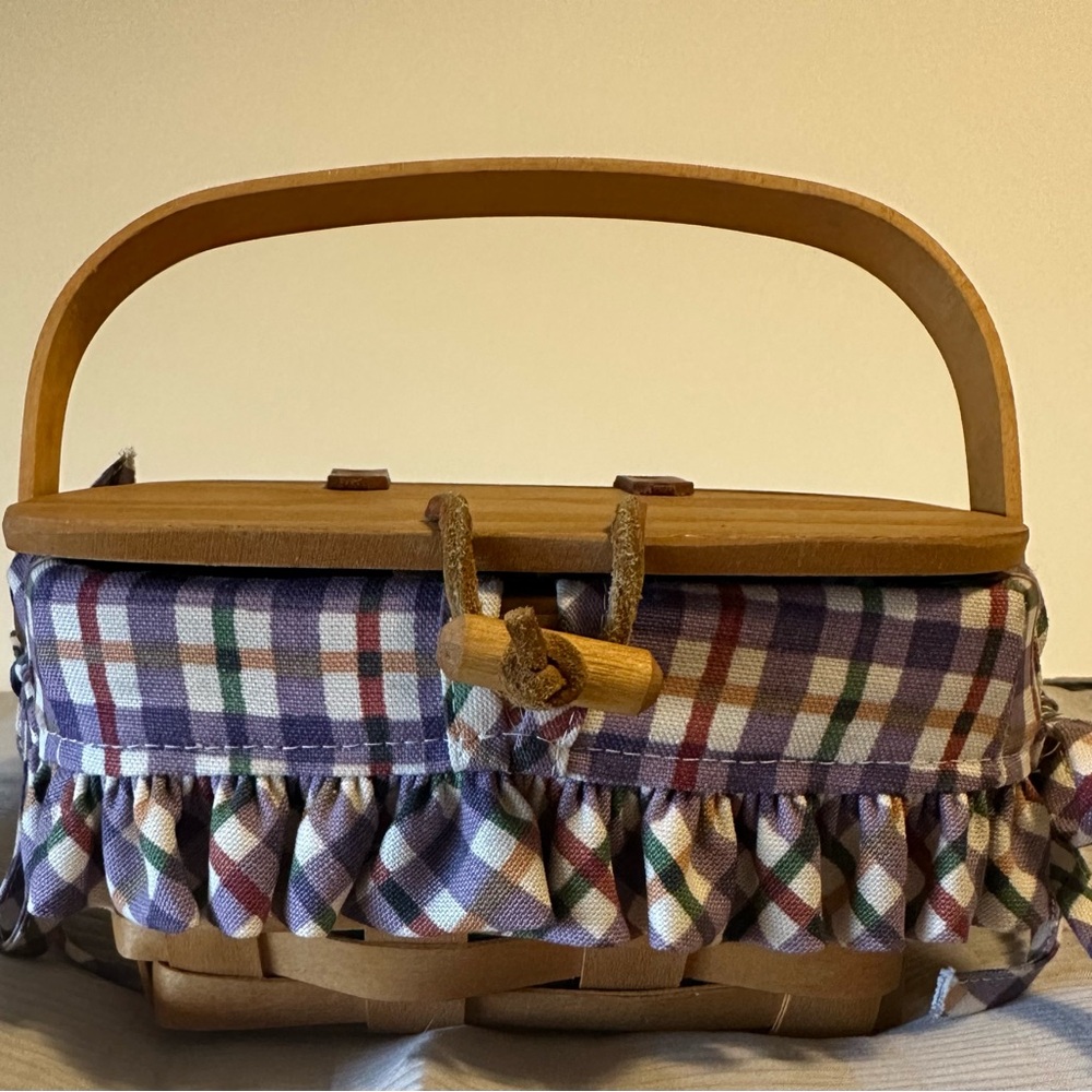 Longaberger Basket with Leather Hinged Wood Lid and Plaid Sham liner